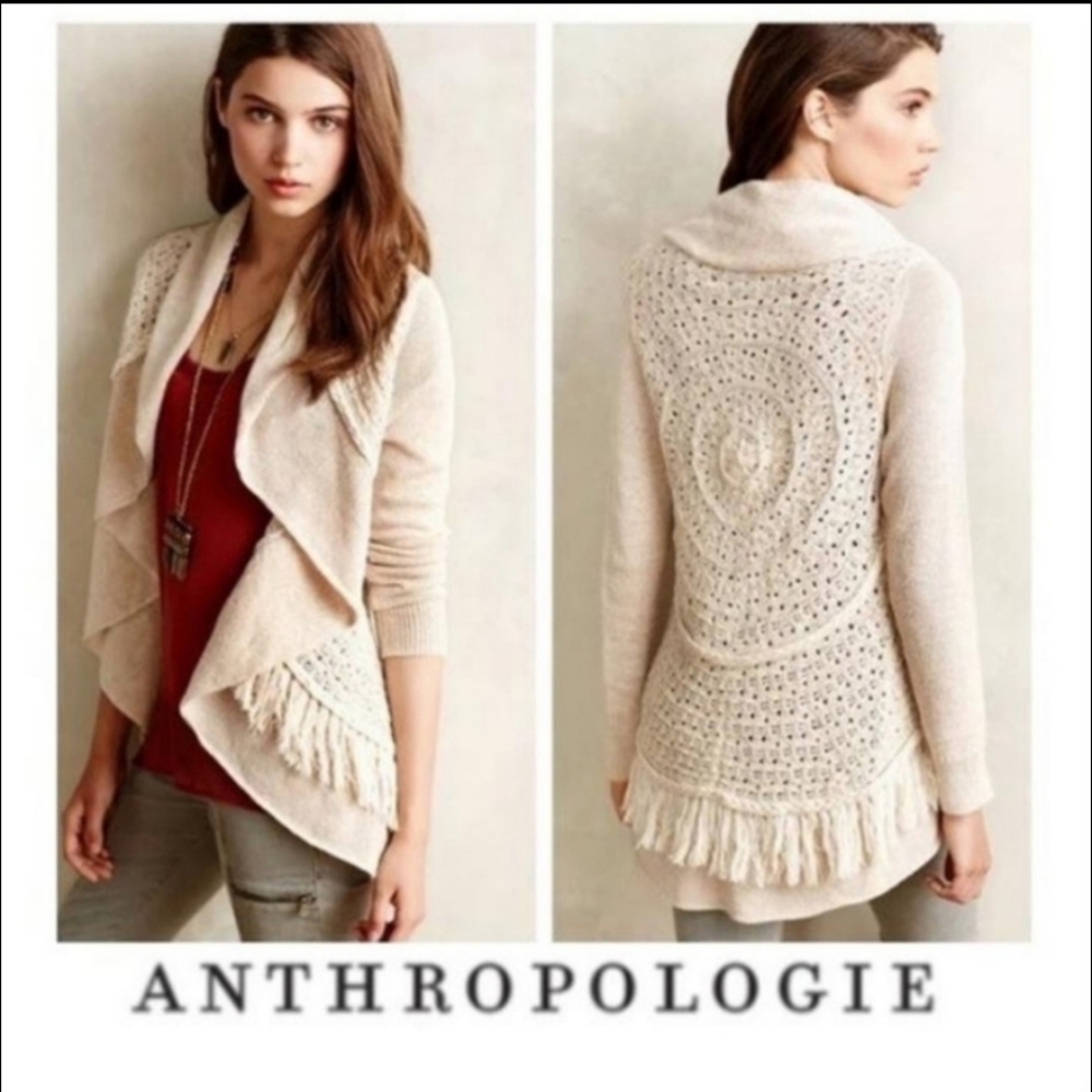 Anthropologie Knitted & Knotted Pink Circle Fringe Open Front Cardigan Size L.